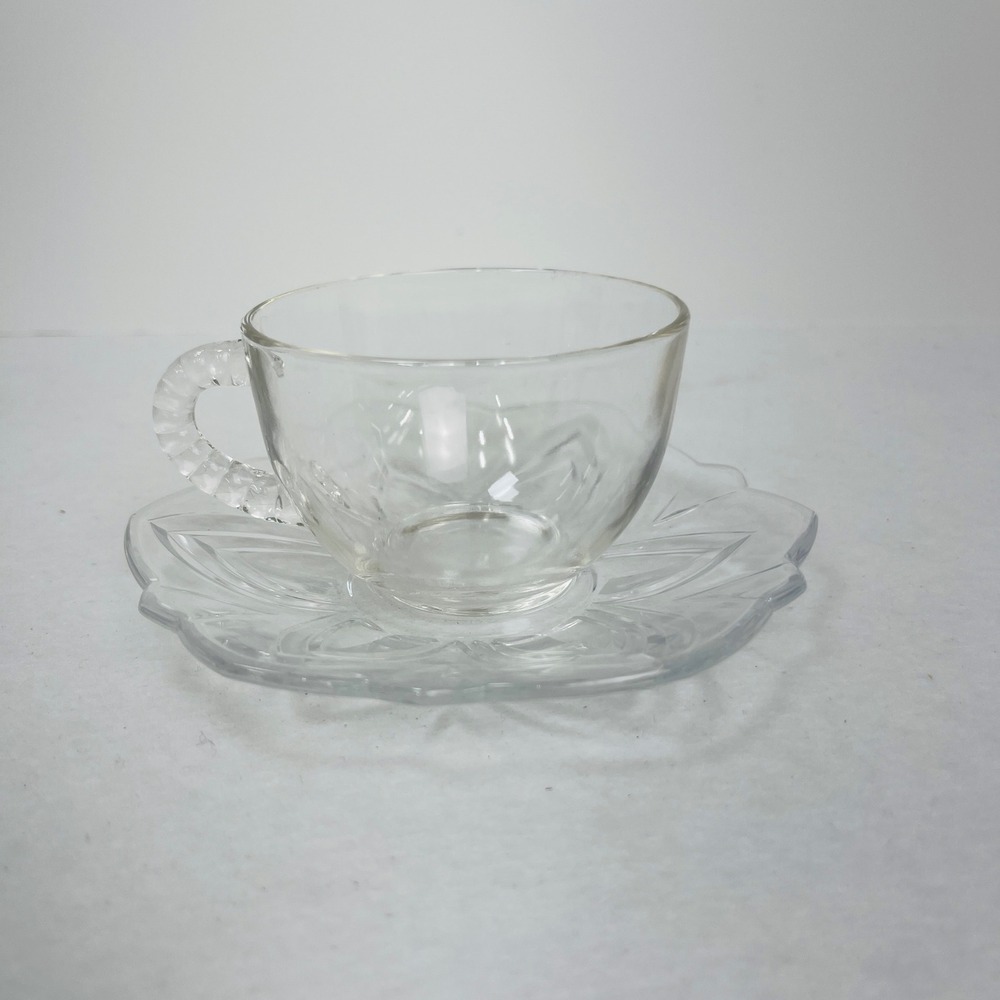 Vintage Soga Clear Pressed Glass Teacup Saucer Set Floral Petal Scalloped Japan